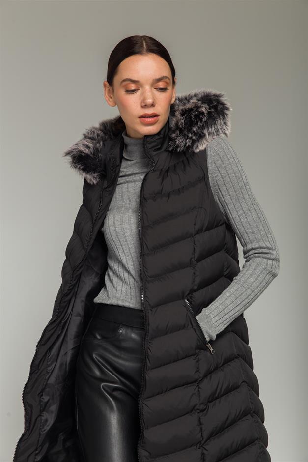 Furry Hooded Puffer Vest BLACK 8187