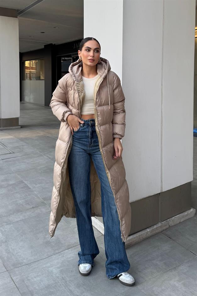 Zippered Long Puffer Jacket with Hooded Detail IVORY 6668