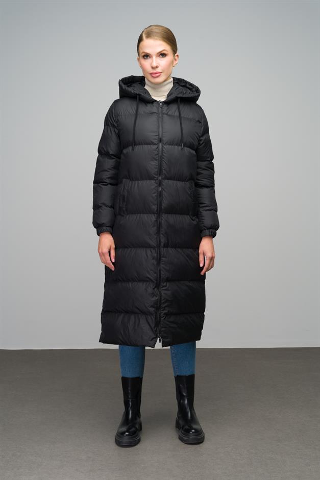 Zippered Long Puffer Jacket with Hooded Detail BLACK 6668