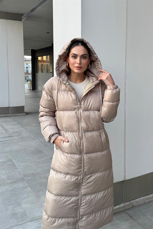 Zippered Long Puffer Jacket with Hooded Detail IVORY 6668