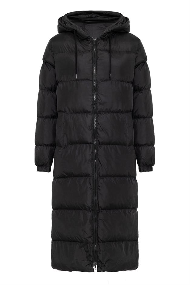 Zippered Long Puffer Jacket with Hooded Detail BLACK 6668