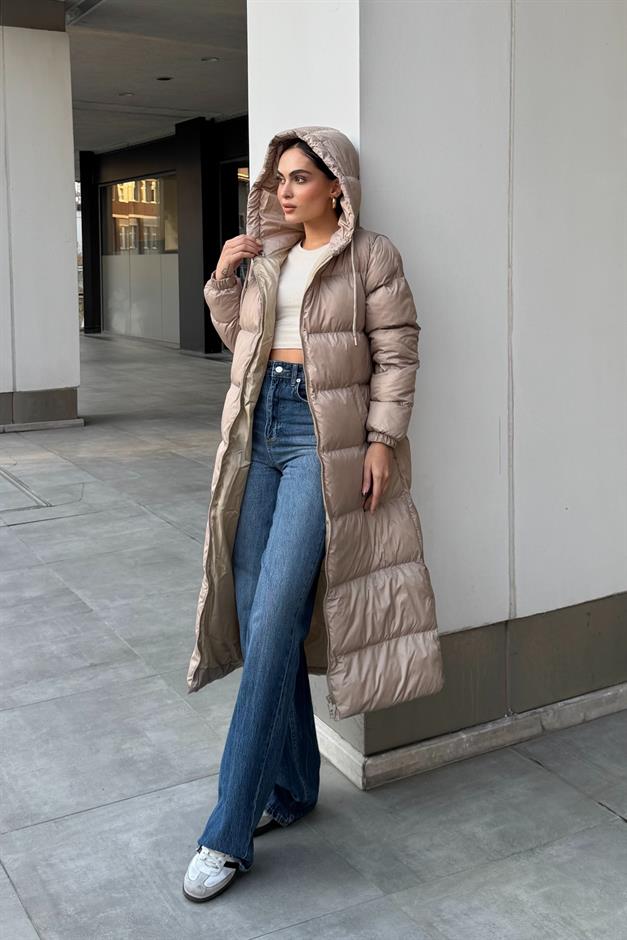 Zippered Long Puffer Jacket with Hooded Detail IVORY 6668