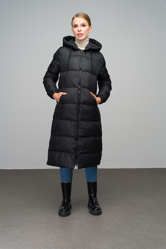 Zippered Long Puffer Jacket with Hooded Detail BLACK 6668