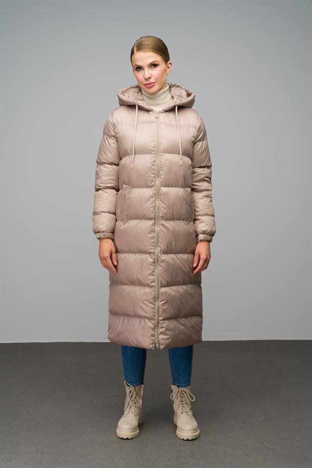 Zippered Long Puffer Jacket with Hooded Detail IVORY 6668