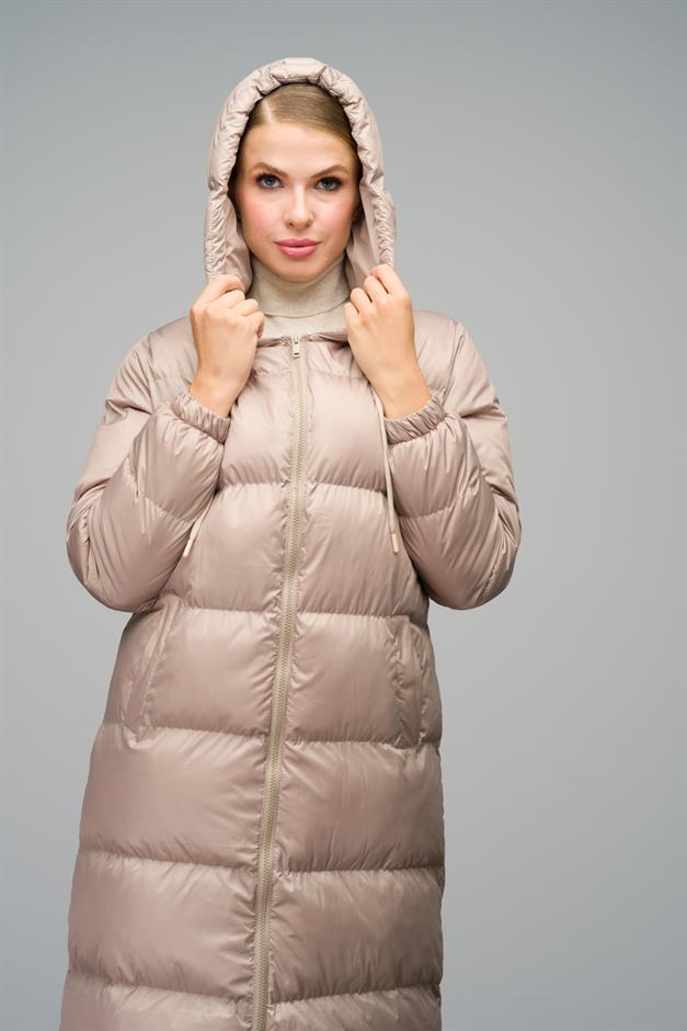 Zippered Long Puffer Jacket with Hooded Detail IVORY 6668