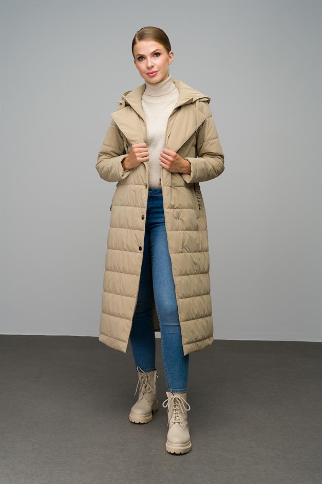 Quilted Long Coat with Hood Detail IVORY 6665