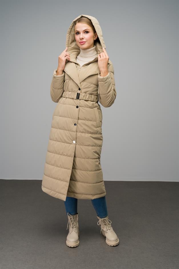 Quilted Long Coat with Hood Detail IVORY 6665