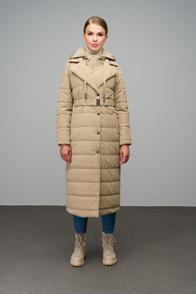 Quilted Long Coat with Hood Detail IVORY 6665