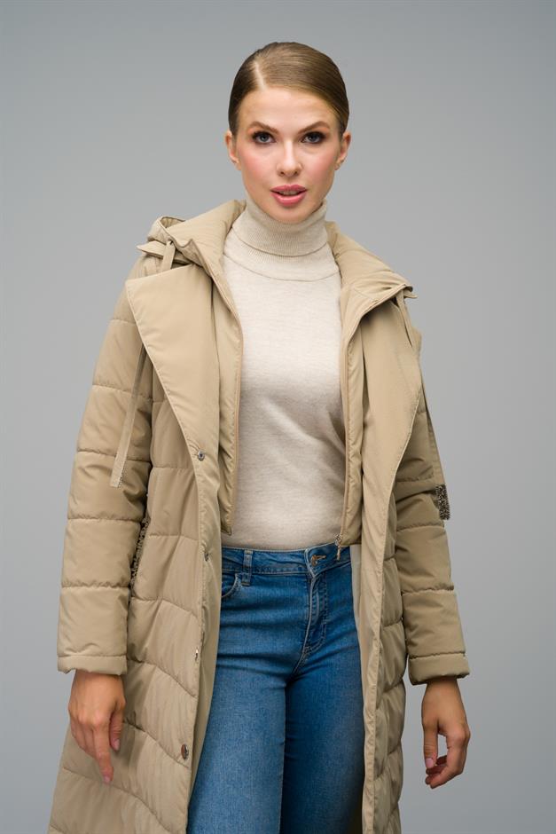 Quilted Long Coat with Hood Detail IVORY 6665