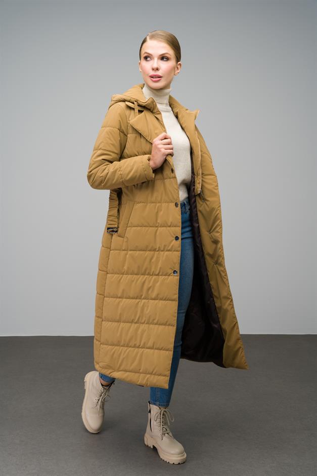 Quilted Long Coat with Hood Detail CAMEL 6665