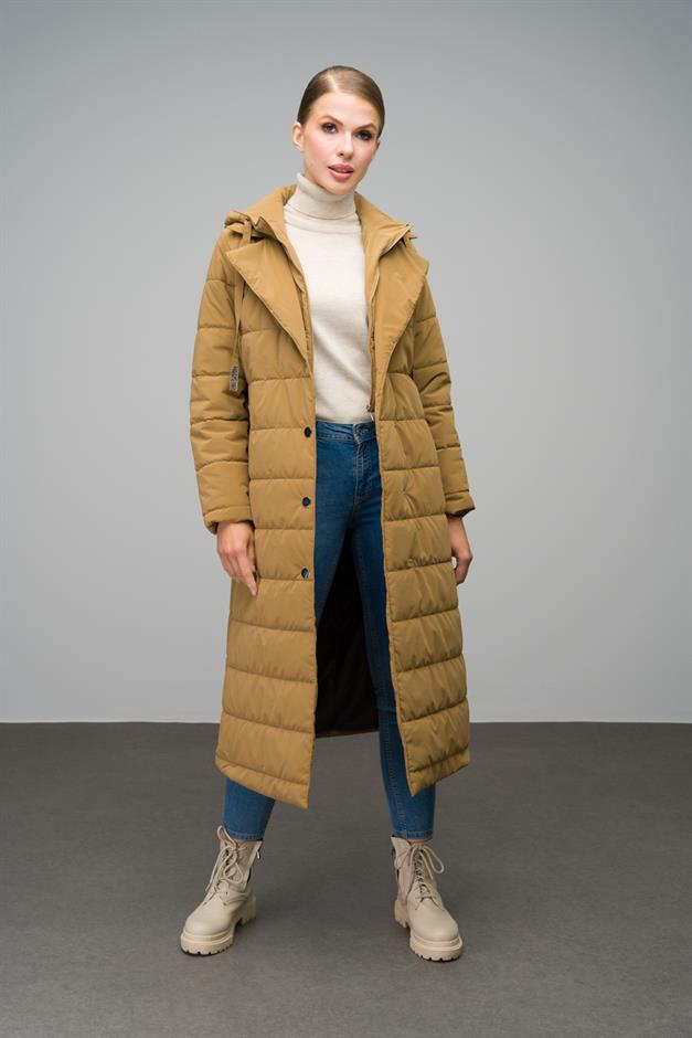Quilted Long Coat with Hood Detail CAMEL 6665