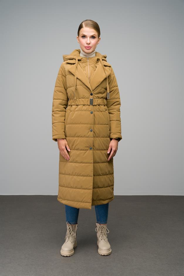 Quilted Long Coat with Hood Detail CAMEL 6665