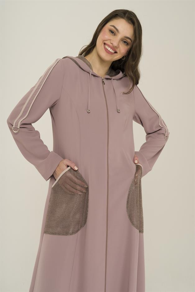 Kapüşon ve File Detaylı Biyeli Astarsız Pardesü PUDRA 6459