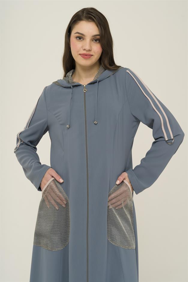 Kapüşon ve File Detaylı Biyeli Astarsız Pardesü KOYU MİNT 6459