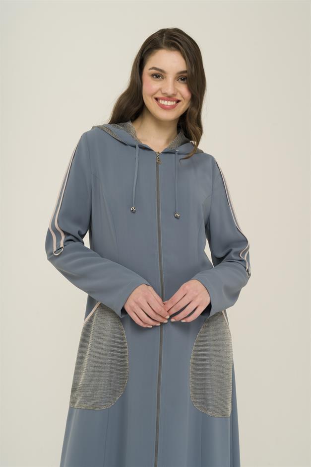 Kapüşon ve File Detaylı Biyeli Astarsız Pardesü KOYU MİNT 6459