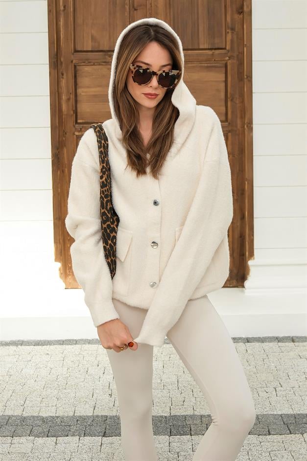 Hooded Lace Detailed Angora Look Oversize Jacket IVORY 8273