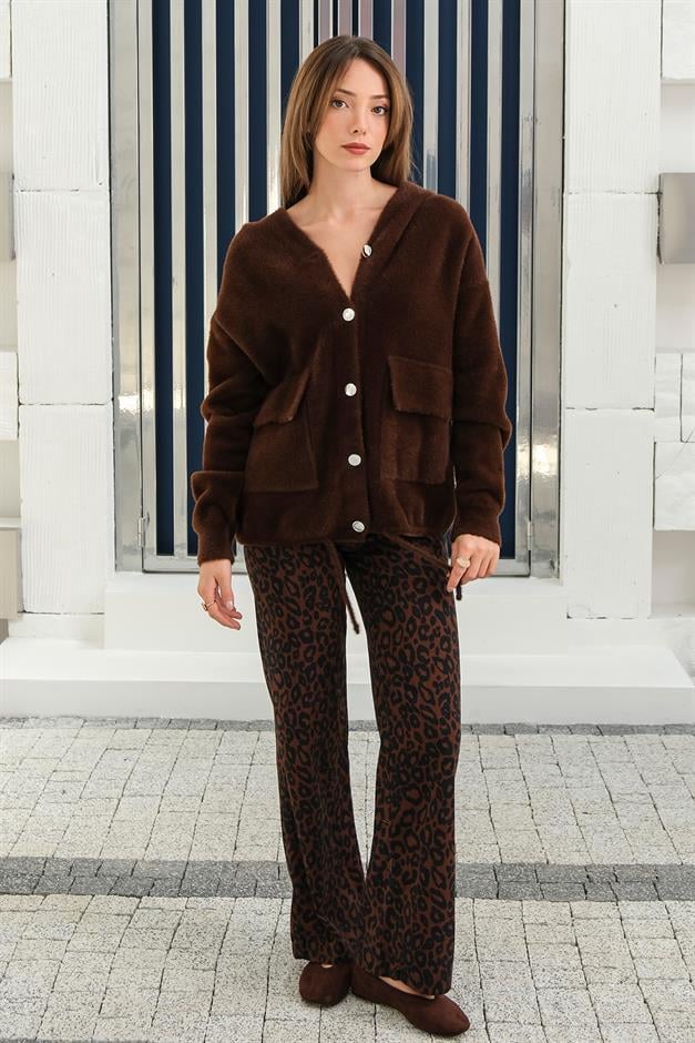 Hooded Lace Detailed Angora Look Oversize Jacket COFFEE 8273