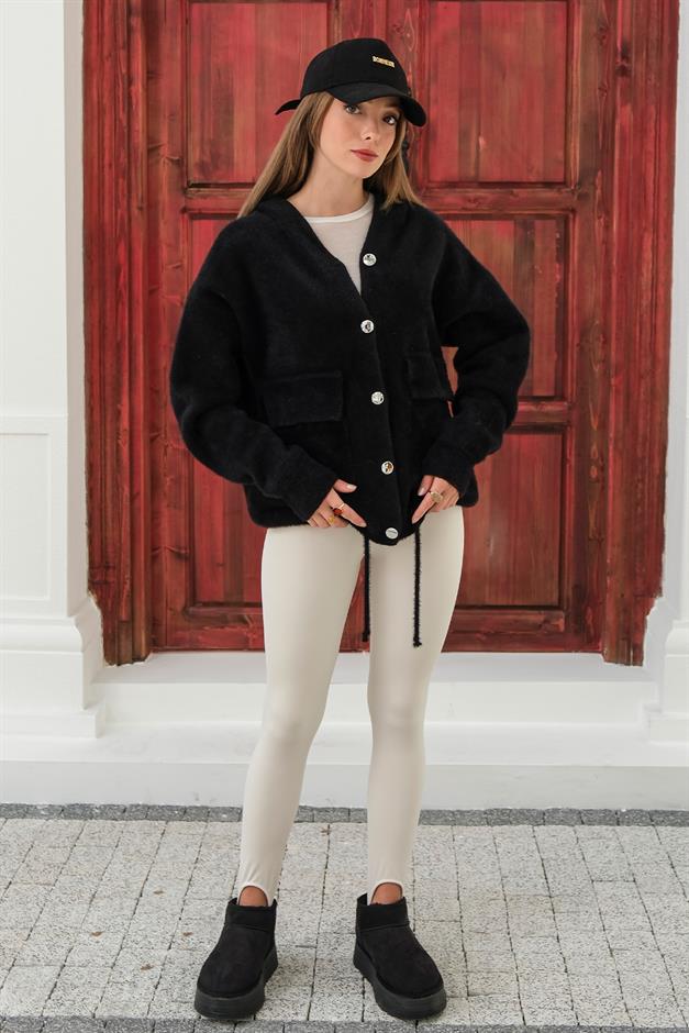 Hooded Lace Detailed Angora Look Oversize Jacket BLACK 8273