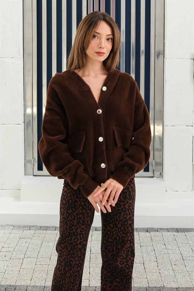 Hooded Lace Detailed Angora Look Oversize Jacket COFFEE 8273