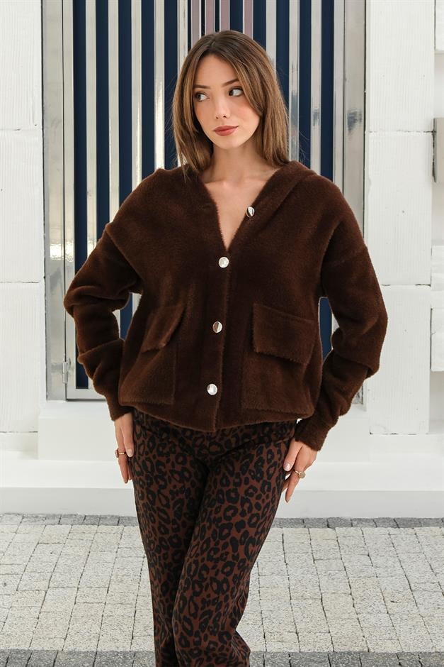 Hooded Lace Detailed Angora Look Oversize Jacket COFFEE 8273