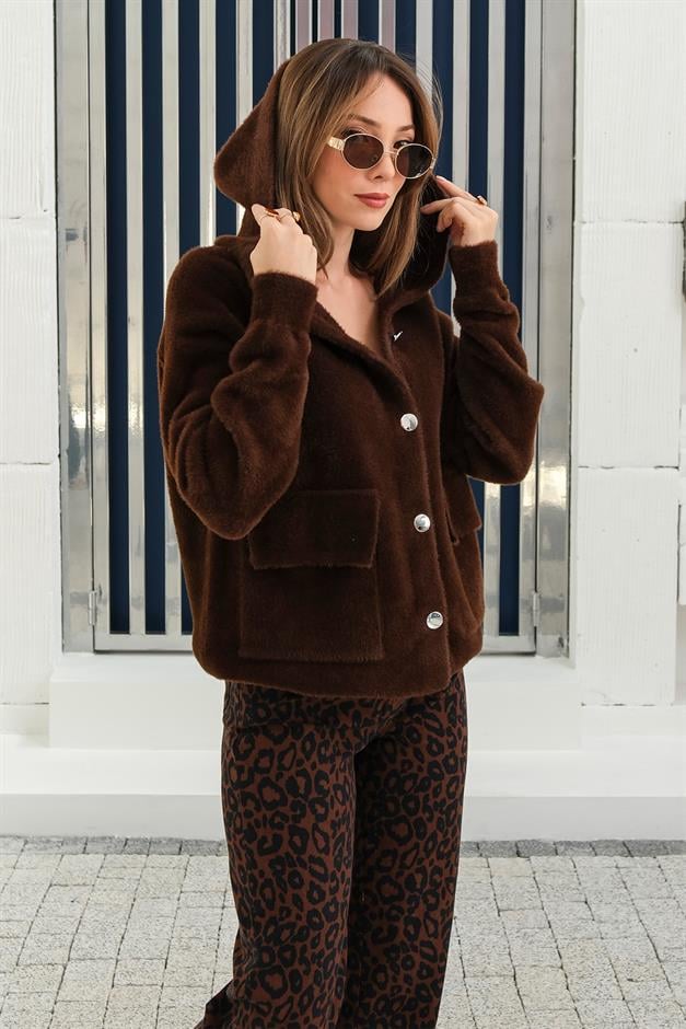 Hooded Lace Detailed Angora Look Oversize Jacket COFFEE 8273