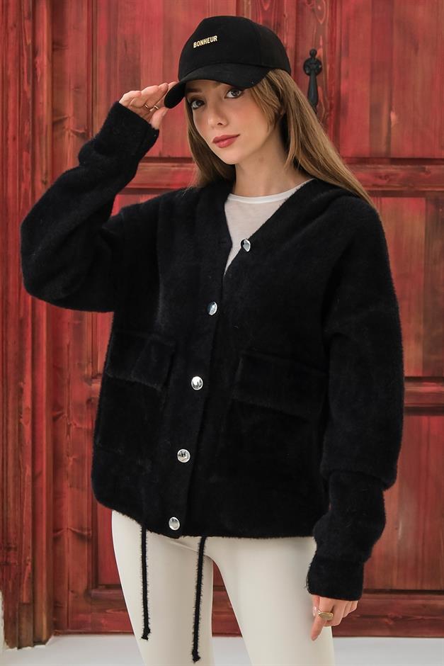 Hooded Lace Detailed Angora Look Oversize Jacket BLACK 8273