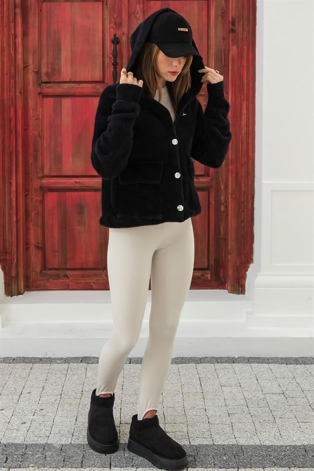 Hooded Lace Detailed Angora Look Oversize Jacket BLACK 8273