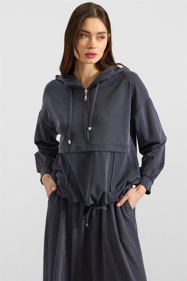 Kapüşonlu Bağcık Detaylı Premium Kumaş Sweat Etek Takım LACİVERT 9403-TK
