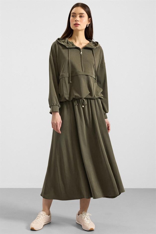 Kapüşonlu Bağcık Detaylı Premium Kumaş Sweat Etek Takım HAKİ 9403-TK