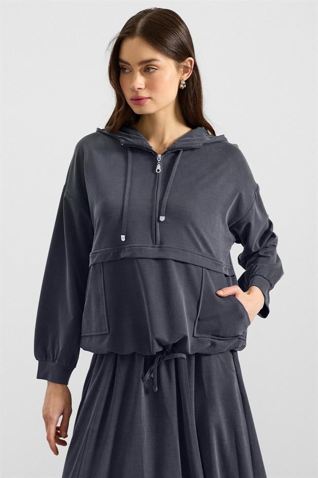 Kapüşonlu Bağcık Detaylı Premium Kumaş Sweat Etek Takım LACİVERT 9403-TK
