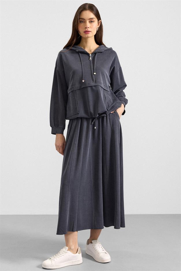 Kapüşonlu Bağcık Detaylı Premium Kumaş Sweat Etek Takım LACİVERT 9403-TK