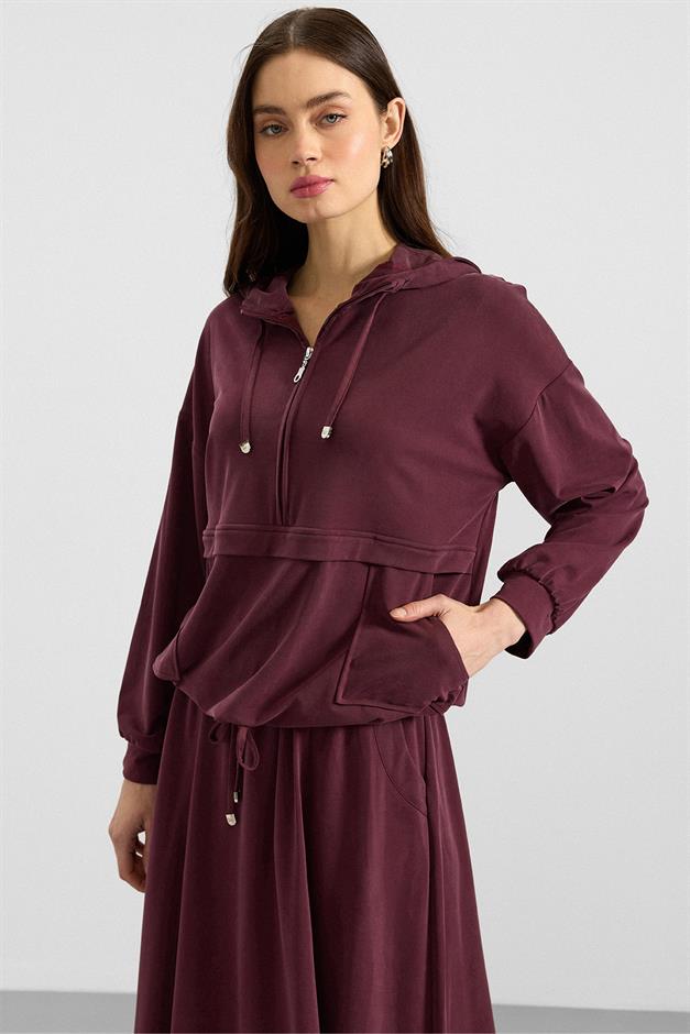Kapüşonlu Bağcık Detaylı Premium Kumaş Sweat Etek Takım BORDO 9403-TK