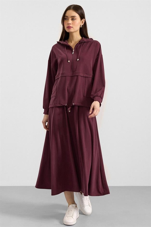 Kapüşonlu Bağcık Detaylı Premium Kumaş Sweat Etek Takım BORDO 9403-TK