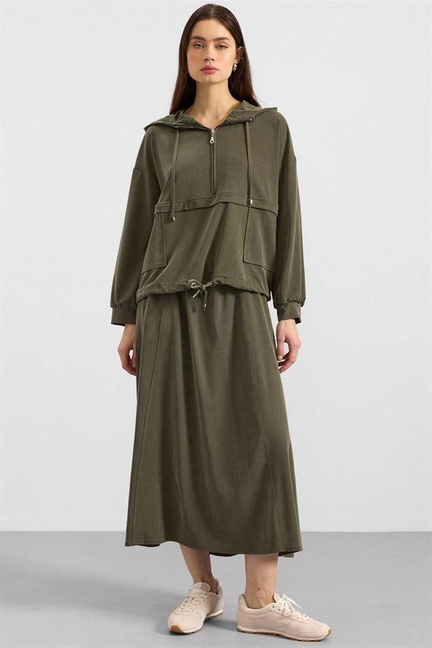 Kapüşonlu Bağcık Detaylı Premium Kumaş Sweat Etek Takım HAKİ 9403-TK