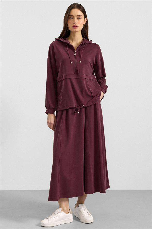 Kapüşonlu Bağcık Detaylı Premium Kumaş Sweat Etek Takım BORDO 9403-TK