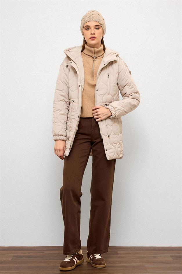 معطف قصير مبطن بغطاء للرأس وخصر مربوط حجر 6777