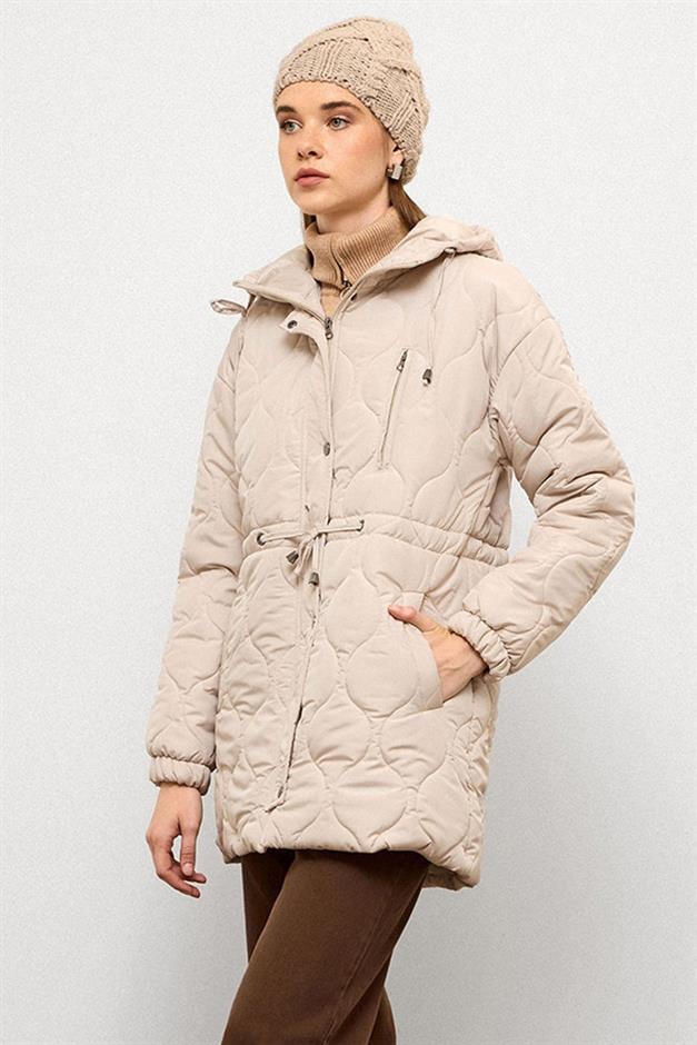 معطف قصير مبطن بغطاء للرأس وخصر مربوط حجر 6777