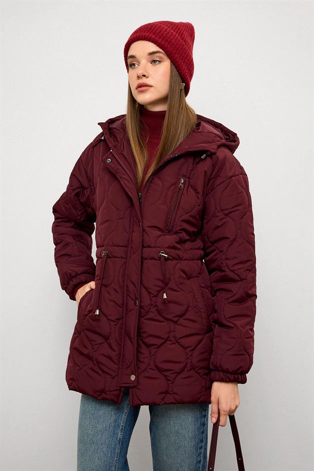 معطف قصير مبطن بغطاء للرأس وخصر مربوط حافة 6777