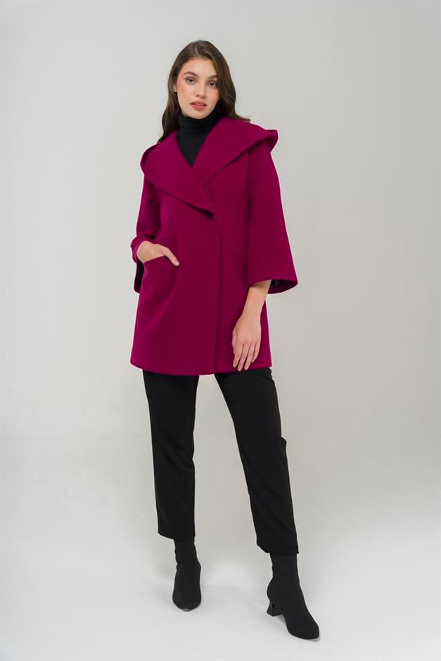 Hooded Tied Waist Coat Fuchsia 3359