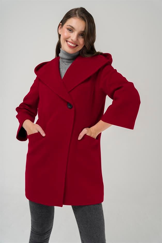 Hooded Tied Waist Coat RED 3359
