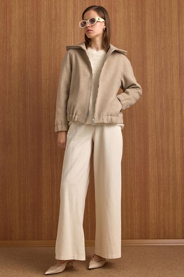 Kapüşonlu Beli Lastikli Oversize Kısa Kaban TAŞ 3162