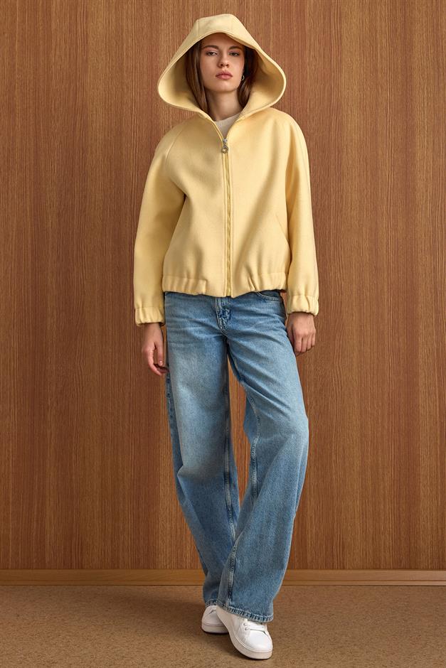 Kapüşonlu Beli Lastikli Oversize Kısa Kaban SARI 3162