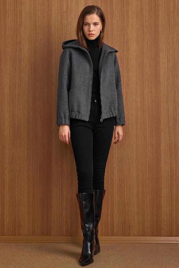 Kapüşonlu Beli Lastikli Oversize Kısa Kaban KOYU GRİ 3162