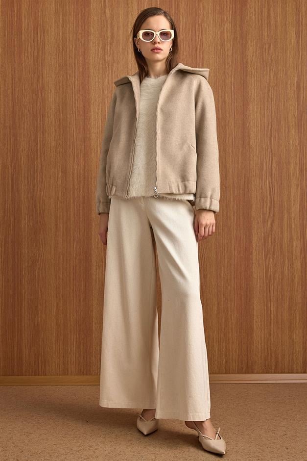 Kapüşonlu Beli Lastikli Oversize Kısa Kaban TAŞ 3162