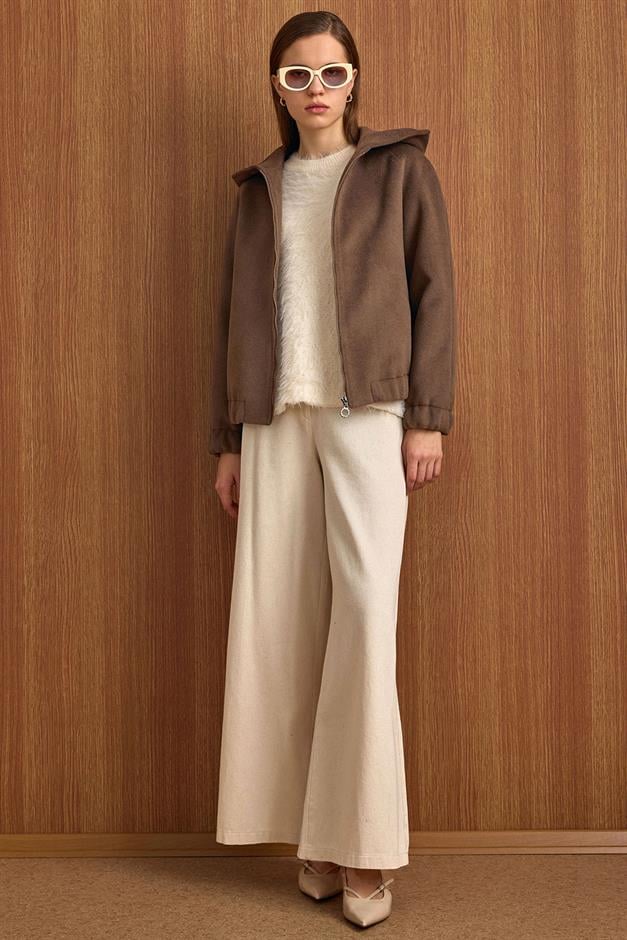 Kapüşonlu Beli Lastikli Oversize Kısa Kaban VİZON 3162