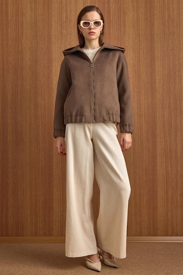 Kapüşonlu Beli Lastikli Oversize Kısa Kaban VİZON 3162