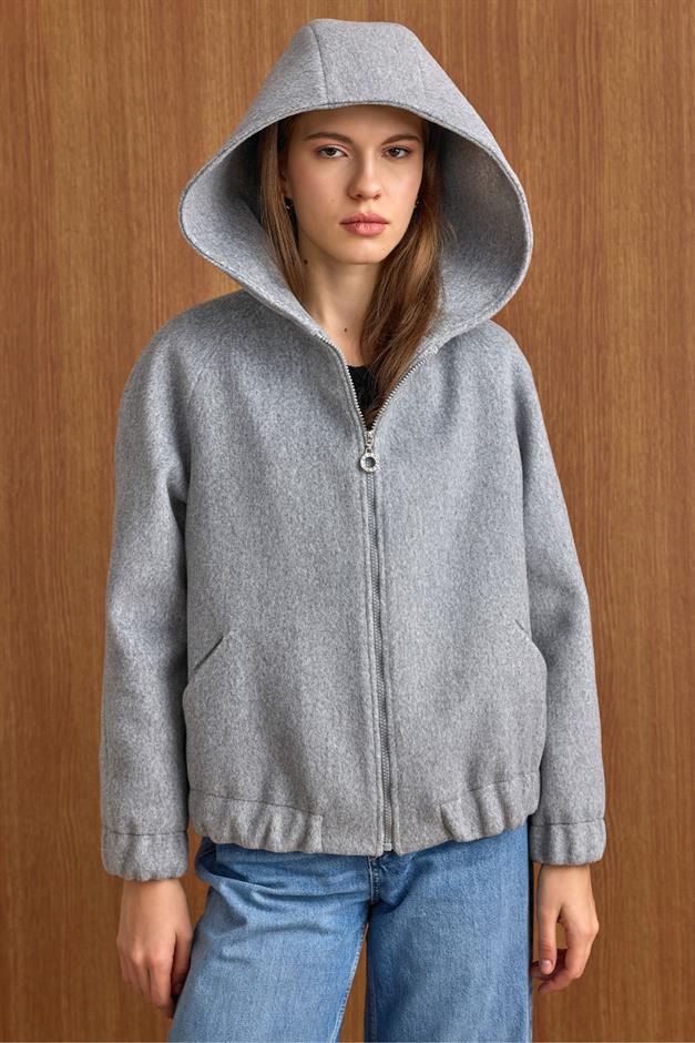 Kapüşonlu Beli Lastikli Oversize Kısa Kaban AÇIK GRİ 3162