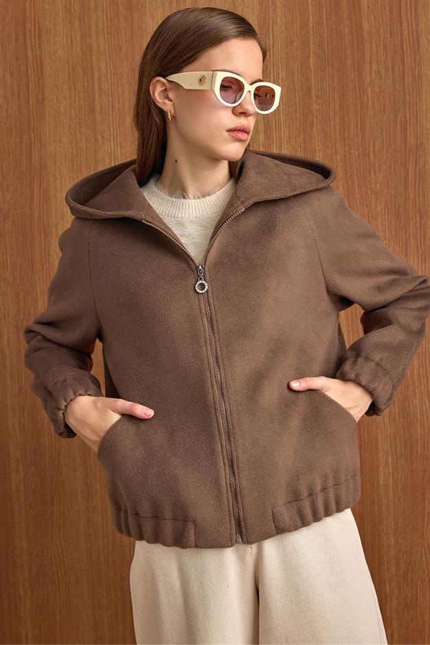 Kapüşonlu Beli Lastikli Oversize Kısa Kaban VİZON 3162