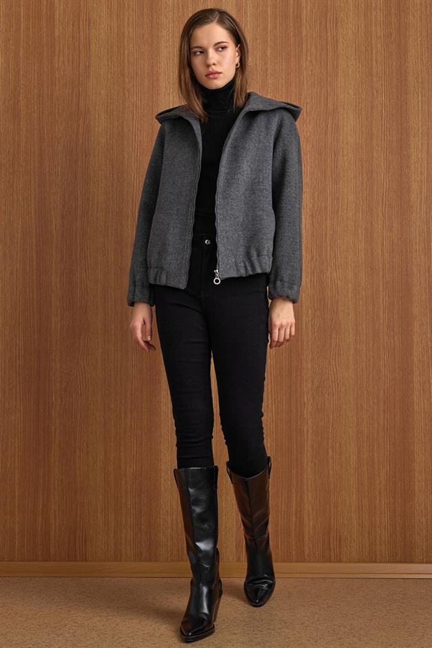 Kapüşonlu Beli Lastikli Oversize Kısa Kaban KOYU GRİ 3162