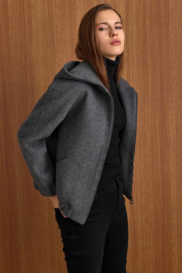 Kapüşonlu Beli Lastikli Oversize Kısa Kaban KOYU GRİ 3162